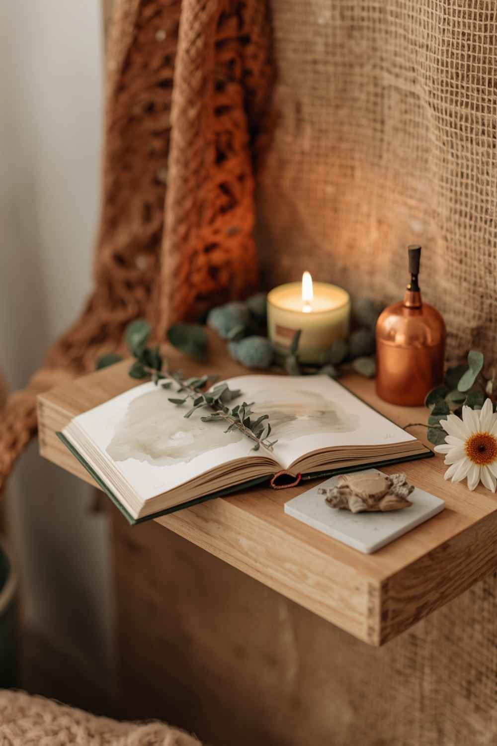 23 Floating Shelf Altar - 20 Cozy Prayer Corner Ideas for Small Bedrooms (Even a Studio Apartment) Floating wood shelf on a woven jute wall holding an open illustrated journal, a eucalyptus sprig, a lit candle, and a small dish with a shell